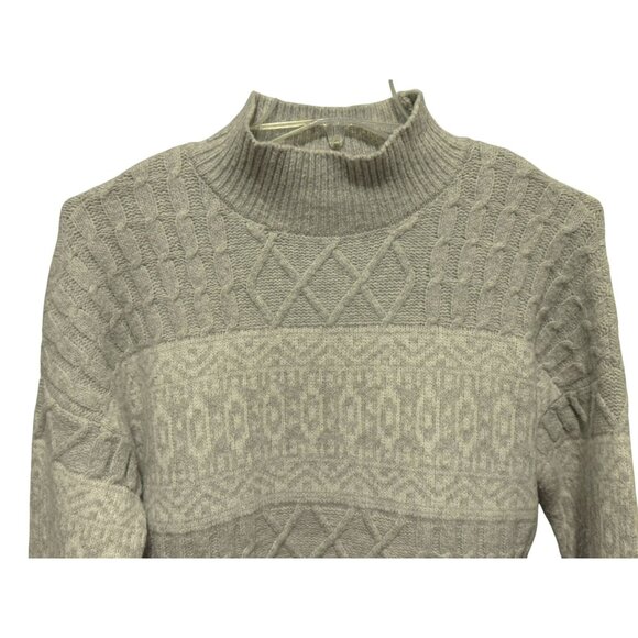 Rachel Zoe Cable Knit Fair Isle Ski Sweater LS Preppy Gray White Mock Neck Sz M - Picture 2 of 6